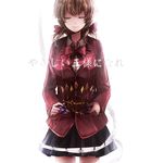  bow brown_hair closed_eyes crown daenarys guilty_crown hair_bow menjou_hare school_uniform short_twintails skirt solo translated twintails void_(guilty_crown) 
