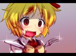  black_dress blonde_hair blood blood_on_face bloody_clothes bloody_knife chibi dress fang fork hair_ribbon knife letterboxed open_mouth red_eyes red_star_(toranecomet) ribbon rumia shirt short_hair smile solo touhou 