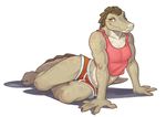 alligator analon anthro blush brown_hair chameli clothing female hair muscles muscular_female plain_background pose reptile scalie shirt solo tail tank_top white_background 