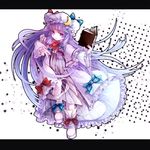  awa_toka blue_hair book bow breasts crescent dress full_body gradient_hair hair_bow hat long_hair multicolored_hair pantyhose patchouli_knowledge purple_eyes purple_hair small_breasts smile solo touhou 