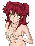  blush breasts covering covering_breasts freckles gundam gundam_00 medium_breasts nena_trinity nude red_hair solo suta_furachina two_side_up yellow_eyes 