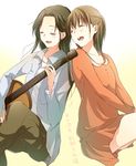  :d ^_^ acoustic_guitar bad_id bad_pixiv_id brown_hair character_request closed_eyes collarbone guitar instrument mizuiro_ether multiple_girls open_mouth pants sao_(0060) smile translation_request 