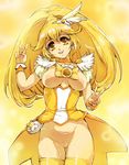  adapted_costume blonde_hair bow breasts breasts_outside choker cure_peace double_v eyelashes hair_flaps hisahiko kise_yayoi large_breasts nipples ponytail precure pussy revealing_clothes smile_precure! solo thighhighs uncensored v wide_ponytail yellow yellow_background yellow_bow yellow_choker yellow_eyes yellow_legwear 
