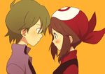  1girl bad_id bad_pixiv_id bandana blue_eyes blush brown_hair eye_contact face-to-face green_eyes green_hair haruka_(pokemon) looking_at_another lowres ochappa orange_background pokemon pokemon_(anime) pokemon_ag popped_collar short_hair shuu_(pokemon) simple_background 