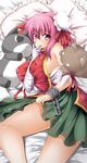  ayakase_riberi bare_legs bare_shoulders bed breasts bun_cover covered_nipples double_bun ibaraki_kasen large_breasts looking_at_viewer lying no_bra on_side pillow pink_eyes pink_hair short_hair smile solo stuffed_animal stuffed_toy tabard touhou 