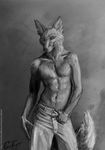  and black canine eosfoxx fox greyscale invalid_tag jaryic jeans male mammal monochrome nude realistic solo white 