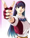  asamiya_athena bad_id bad_pixiv_id blue_hair breasts earrings fingerless_gloves gloves hair_ornament hairband jewelry large_breasts long_hair noriheita open_mouth purple_hair red_hairband ringed_eyes smile solo star star_hair_ornament the_king_of_fighters the_king_of_fighters_'97 