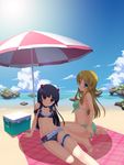  arm_support bare_shoulders barefoot beach beach_umbrella bikini black_hair blue_sky breasts brown_hair cloud day flower garters gokou_ruri green_bikini green_eyes hair_flower hair_ornament hairclip highres kotobuki_utage kousaka_kirino long_hair looking_at_viewer looking_back md5_mismatch medium_breasts mole mole_under_eye multiple_girls navel ocean ore_no_imouto_ga_konna_ni_kawaii_wake_ga_nai outdoors purple_eyes sitting sky small_breasts smile swimsuit umbrella wariza 