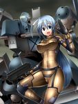  ahoge armored_core blue_hair bodysuit female from_software girl gun long_hair mecha ment navel open_mouth ponytail skin_tight smile solo weapon 