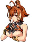  animal_ears antenna_hair antennae bad_id bad_pixiv_id bare_shoulders blazblue breast_hold breasts brown_eyes brown_hair finger_to_mouth fingerless_gloves gloves highres katou_teppei large_breasts makoto_nanaya multicolored_hair nipple_slip nipples orange_eyes revealing_clothes short_hair simple_background solo squirrel_ears squirrel_girl two-tone_hair underboob upper_body white_hair 