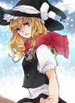  bad_id bad_pixiv_id blonde_hair bow braid hair_bow hat highres kirisame_marisa long_hair looking_at_viewer purple_eyes red_scarf scarf side_braid sketch snowing sofy solo touhou upper_body witch_hat 