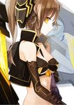  bare_shoulders black_gloves blurry breasts brown_hair cleavage depth_of_field elbow_gloves gloves jacket mechanical medium_breasts midriff original profile pupps solo twintails yellow_eyes 