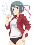  accio bad_id bad_pixiv_id blue_eyes blue_hair buruma commentary gym_uniform hachimaki hair_ornament hairclip headband jacket mahou_shoujo_madoka_magica miki_sayaka short_hair sleeves_pushed_up smile solo track_jacket translated 