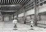  architecture blinds blush bow ceiling chibi coat dress floor hand_on_hip hands_on_own_chest hat indoors interior looking_at_another looking_away maribel_hearn monochrome multiple_girls necktie nib_pen_(medium) perspective short_hair smile soyanrai touhou traditional_media usami_renko wood 