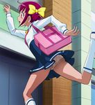  ass bag bow from_below hair_bow hair_ribbon haruyama_kazunori hoshizora_miyuki leg_lift legs miniskirt nanairogaoka_middle_school_uniform necktie panties pantyshot pink_hair pink_neckwear precure profile ribbon running school_bag school_uniform skirt smile_precure! socks solo standing standing_on_one_leg underwear upskirt white_panties yellow_ribbon 