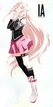  bad_id bad_pixiv_id bare_shoulders boots braid character_name choker full_body highres ia_(vocaloid) long_hair off_shoulder open_mouth pink_hair pleated_skirt pu simple_background single_sock single_thighhigh skirt smile socks solo striped striped_legwear tears thigh_strap thighhighs twin_braids very_long_hair vocaloid white_background 