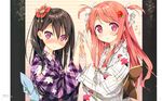  absurdres black_hair blush fingernails floral_print flower hair_flower hair_ornament hairpin hands_together highres huge_filesize japanese_clothes kantoku kimono kurumi_(kantoku) long_hair looking_at_viewer multiple_girls nose_blush obi original pillarboxed pink_eyes pink_hair purple_eyes sash shizuku_(kantoku) smile two_side_up upper_body 