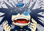  @_@ black_rock_shooter black_rock_shooter_(character) blue_eyes blue_hair burning_eye chibi face fangs fingernails food glowing hands macaron naruhito open_mouth smile solo teeth tongue twintails 