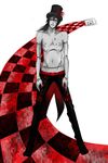  checkered doll_joints door full_body hat highres long_hair looking_at_viewer male male_focus muramasasama pants red_eyes solo standing tattoo top_hat topless warped 