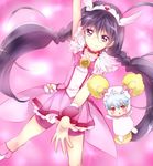  black_hair boots bow brown_eyes candy_(smile_precure!) candy_(smile_precure!)_(cosplay) choker cosplay creature cure_happy cure_happy_(cosplay) cure_happy_pose gintama glasses long_hair maruki_(punchiki) multiple_boys otoko_no_ko pink pink_background pink_bow pink_choker pink_shorts pink_skirt precure sakata_gintoki shimura_shinpachi shorts shorts_under_skirt skirt smile smile_precure! tiara twintails white_hair 