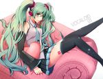  bad_id bad_pixiv_id couch cushion detached_sleeves green_eyes green_hair hatsune_miku headset heart komoro long_hair necktie sitting skirt solo thighhighs twintails very_long_hair vocaloid 