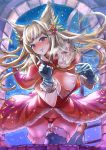  1girl animal_ears areola_slip areolae blonde_hair blue_gloves blue_legwear blush breasts capelet cleavage gloves granblue_fantasy grin long_hair looking_at_viewer medium_breasts metera_(granblue_fantasy) mimonel mole mole_under_mouth panties purple_eyes red_panties smile snowing solo thighhighs underwear 
