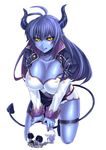  :q antenna_hair asmodeus_(shinrabanshou) bad_id bad_pixiv_id black_sclera blue_hair blue_skin breasts cleavage collarbone demon_girl demon_tail gradient_hair horns jacket kneeling large_breasts licking_lips long_hair midriff multicolored_hair nail_polish purple_hair risutan shinrabanshou simple_background skull slit_pupils solo tail thigh_strap tongue tongue_out v_arms wings yellow_eyes 