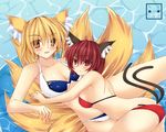  animal_ears ass bare_shoulders bikini blonde_hair blush breasts brown_eyes cat_ears cat_tail chen cleavage fox_ears fox_tail highres huge_breasts multiple_girls multiple_tails ngirln4 no_hat no_headwear red_hair swimsuit tail teenage touhou yakumo_ran yellow_eyes 