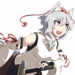  animal_ears breasts detached_sleeves hat inubashiri_momiji kuro_goma_(kakkou11) md5_mismatch medium_breasts open_mouth red_eyes short_hair silver_hair simple_background solo sword tail tokin_hat touhou weapon white_background wolf_ears wolf_tail 