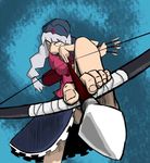  aiming arrow barefoot between_fingers between_toes bow_(weapon) drawing_bow feet foot_hold foreshortening hat holding holding_arrow holding_bow_(weapon) holding_weapon jpeg_artifacts long_hair nicetack nurse_cap silver_hair solo standing standing_on_one_leg toes touhou weapon yagokoro_eirin 