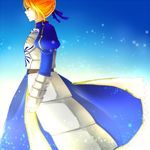  ahoge armor armored_dress artoria_pendragon_(all) blonde_hair chiroron dress fate/stay_night fate_(series) faulds gauntlets green_eyes hair_ribbon profile puffy_sleeves ribbon saber solo 