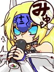  bare_shoulders blazblue blonde_hair blue_eyes chibi eating food forehead_protector makizushi mu-12 robot_ears solo sushi yukia_(firstaid0) 