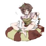  animal_ears barefoot bloomers bottle brown_eyes brown_hair eyebrows full_body futatsuiwa_mamizou glasses grin indian_style iroyopon leaf leaf_on_head pince-nez raccoon_ears raccoon_tail short_hair simple_background sitting sketch smile solo tail thick_eyebrows touhou underwear white_background 