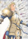  armor blonde_hair earrings emi-yan_(kaito_hoshiumi) fate/stay_night fate_(series) gate_of_babylon gilgamesh highres jewelry male_focus marker_(medium) red_eyes solo sword traditional_media weapon 