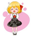  ascot blonde_hair blush closed_eyes fang hair_ribbon jigatei_(omijin) mary_janes open_mouth ribbon rumia shirt shoes short_hair skirt smile solo touhou vest 