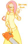  chainsaw english_text evil female fluttershy_(mlp) friendship_is_magic green_eyes hair human humanized mammal my_little_pony not_furry pink_hair plain_background simple_background smile solo text white_background 