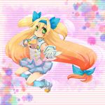  absurdres bad_id bad_pixiv_id bell blazblue blonde_hair blue_legwear blush gloves green_eyes hair_ribbon hairband heart heart-shaped_pupils highres kneehighs long_hair looking_at_viewer low-tied_long_hair magical_girl platinum_the_trinity quad_tails ribbon skirt solo symbol-shaped_pupils two_side_up very_long_hair white_gloves 
