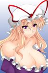  ashima_takumi bare_shoulders blonde_hair blush breasts cleavage dress hat hat_ribbon huge_breasts long_hair off_shoulder purple_dress purple_eyes ribbon smile solo touhou upper_body yakumo_yukari 