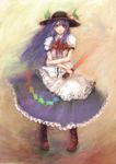  blue_hair boots bow food fruit hat hiepita_(1014) highres hinanawi_tenshi long_hair peach red_eyes shirt skirt solo standing sword_of_hisou touhou 