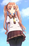  :o ano_natsu_de_matteru black_legwear blue_sky brown_hair cloud day hair_ribbon kuro_(chrono) long_hair necktie open_mouth panties panties_under_pantyhose pantyhose purple_eyes ribbon school_uniform shirt skirt sky twintails underwear upskirt yamano_remon 