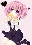  black_legwear doughnut eating food heart highres inu_x_boku_ss kyona_(konakona) looking_at_viewer mary_janes pink_background pink_eyes pink_hair roromiya_karuta school_uniform shoes short_hair short_twintails simple_background socks solo twintails 