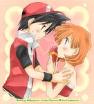  1girl bangs bare_shoulders black_hair blue_eyes blunt_bangs blush box couple eye_contact face-to-face gift hat heart heart-shaped_box hetero holding holding_gift kasumi_(pokemon) looking_at_another lowres nervous orange_hair pokemon pokemon_special popped_collar red_(pokemon) red_eyes short_hair strapless tubetop valentine waka_mippou wristband 