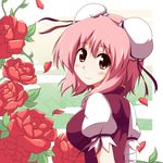  arms_behind_back bandages blush breasts bun_cover double_bun flower ibaraki_kasen large_breasts petals pink_hair poco_(pocoyb) red_eyes rose short_hair short_sleeves smile solo touhou upper_body 