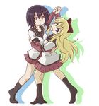  black_hair blonde_hair blue_eyes bow brown_eyes dancing dress funami_yui hair_bow holding_hands interlocked_fingers long_hair long_sleeves multiple_girls nanamori_school_uniform oteruko_(wanabeee) sailor_dress school_uniform serafuku short_hair short_over_long_sleeves short_sleeves toshinou_kyouko yuru_yuri 