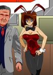  animal_ears blue_eyes breasts brown_hair bunny_ears bunny_girl cleavage highres large_breasts mazaki_anzu old_man short_hair smile straw_(artist) straw_(yokubou_hiroba) wrinkles yu-gi-oh! yuu-gi-ou_duel_monsters 