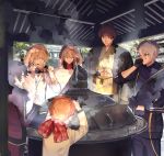  6+boys aqua_eyes black_gloves black_hair blonde_hair blue_eyes brown_eyes brown_hair earrings gloves hakata_toushirou highres hood horikawa_kunihiro ishikirimaru japanese_clothes jewelry jun_(nad-j) male_focus multiple_boys nansen_ichimonji one_eye_closed open_mouth paw_pose scarf silver_hair smile snow steam stud_earrings touken_ranbu track_suit winter yamanbagiri_chougi yamanbagiri_kunihiro yellow_eyes 