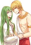  androgynous bracelet earrings enkidu_(fate/strange_fake) fate/strange_fake fate/zero fate_(series) gilgamesh green_hair grey_eyes holding holding_hair jewelry long_hair male_focus multiple_boys nebo+ necklace red_eyes shirtless toga white_background 