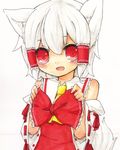  animal_ears ascot bad_id bad_pixiv_id bare_shoulders bow cosplay detached_sleeves hair_bow hair_tubes hakurei_reimu hakurei_reimu_(cosplay) inubashiri_momiji open_mouth red_eyes ribbon sawatari_(sado) short_hair solo tail touhou white_hair wolf_ears wolf_tail 
