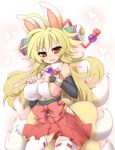  ahoge animal_ears blonde_hair bow breasts bunny_ears detached_sleeves fang fox_tail hair_ornament hands_on_own_chest heart izuna_(shinrabanshou) large_breasts long_hair multiple_tails open_mouth red_eyes sasamashin sash scroll shinrabanshou side_slit sideboob skirt smile solo tabard tail thighhighs 