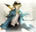  animal animal_on_shoulder bandage_over_one_eye bandages bird bird_on_shoulder blonde_hair coat finch hat james_(vocaloid) male_focus memipong oliver_(vocaloid) one_eye_covered sailor_hat vocaloid yellow_eyes 